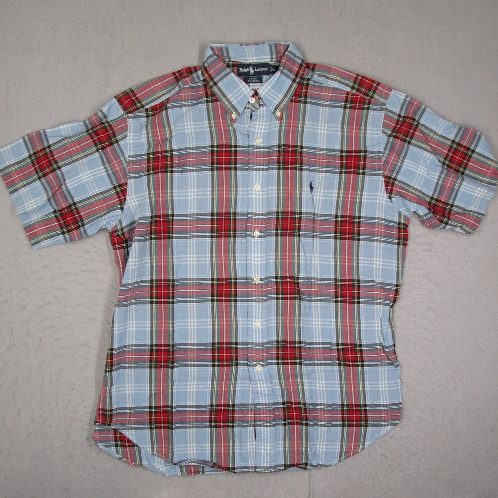 Ralph Lauren Blake Men Large Blue Red Plaid Short Sleeve Button Down Shirt Y2K